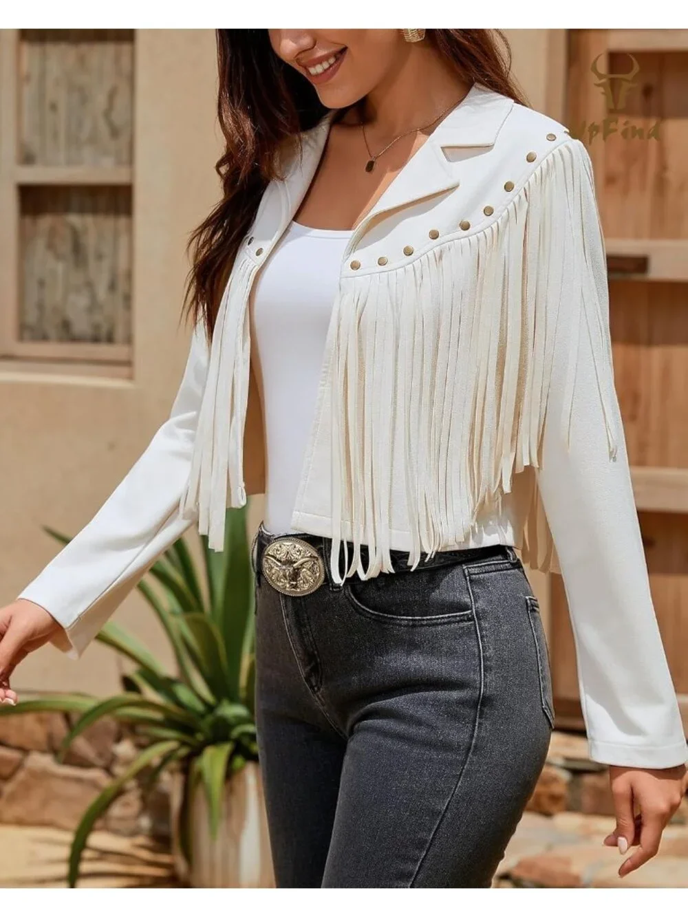 Women's Beige Fringe Faux Suede Leather Jackets Fashion Fall Western Tassel Coat